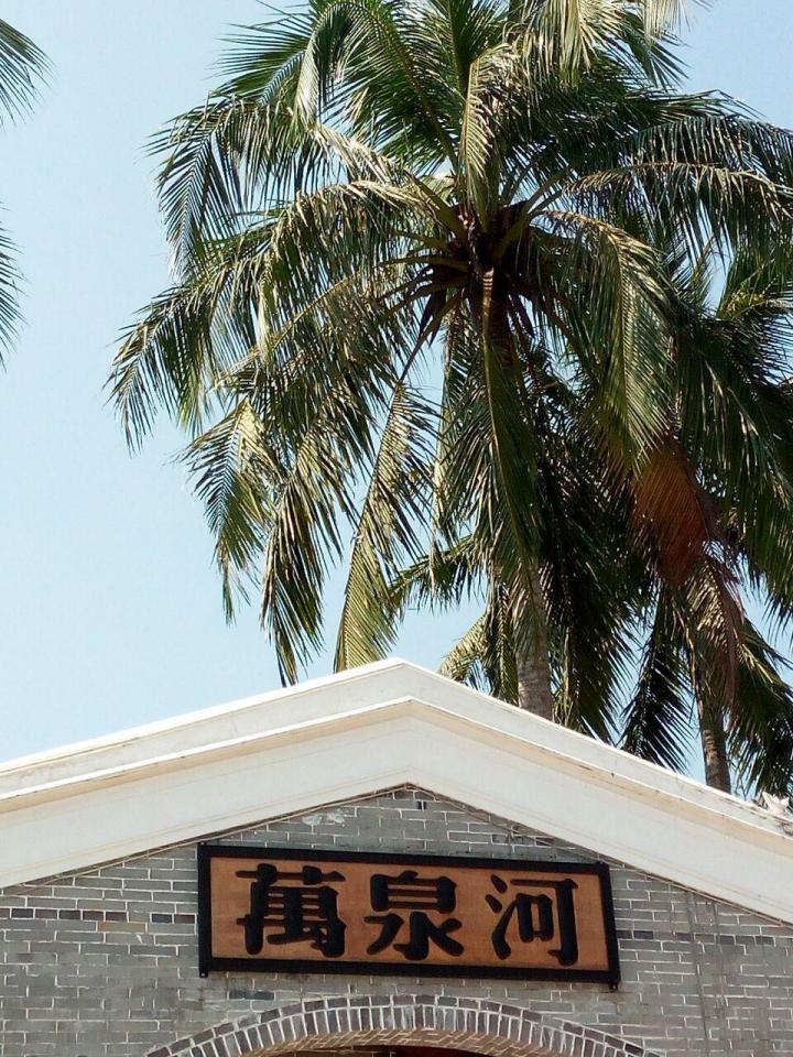 红色娘子军纪念园的舞台背景是女子军竹笠,军号,和平鸽,砸断的-琼海